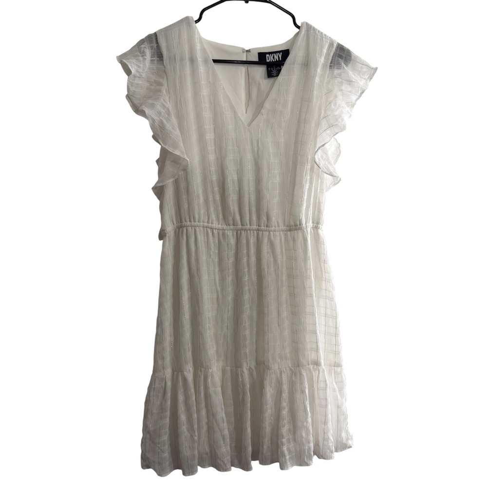 DKNY Flutter Sleeve Tiered Dress Womens 8 White Lurex Shimmer  V-Neck Flowy - Picture 2 of 9